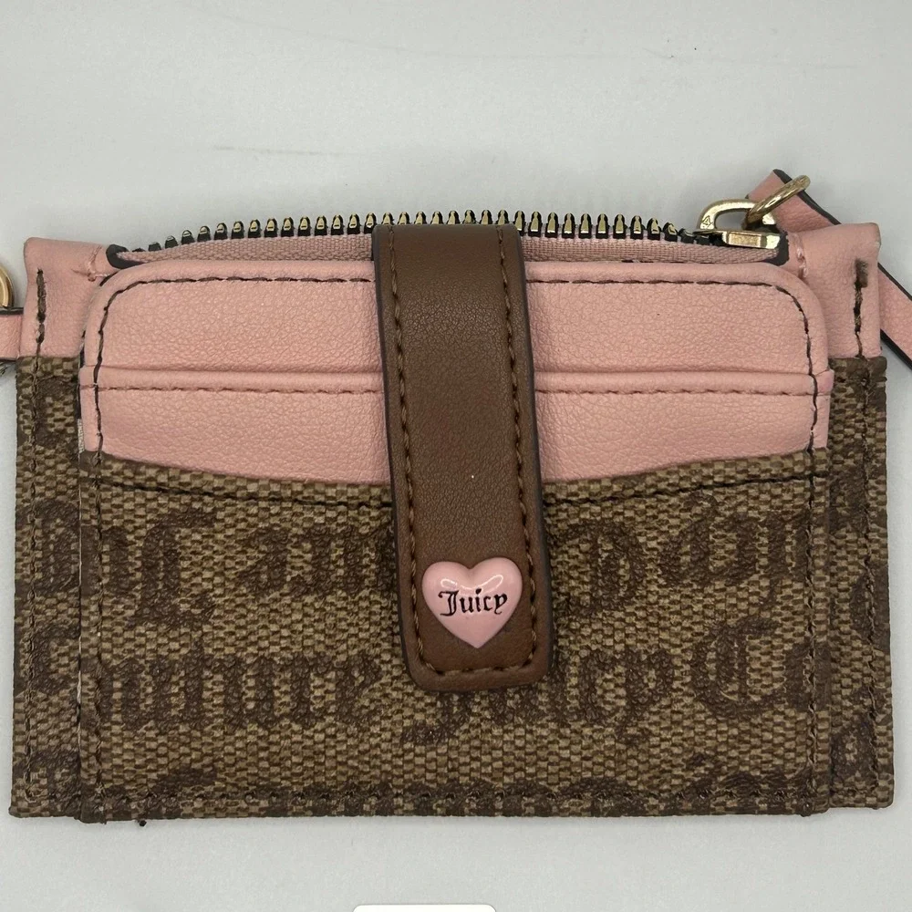 Juicy Couture Card Holder‎ Wallet Pouch Keychain Heart Charm Pink Brown Monogram